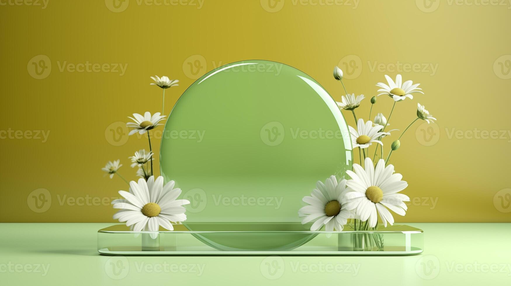 AI generated Round glass chamomiles on green ai generated stage podium mockup photo