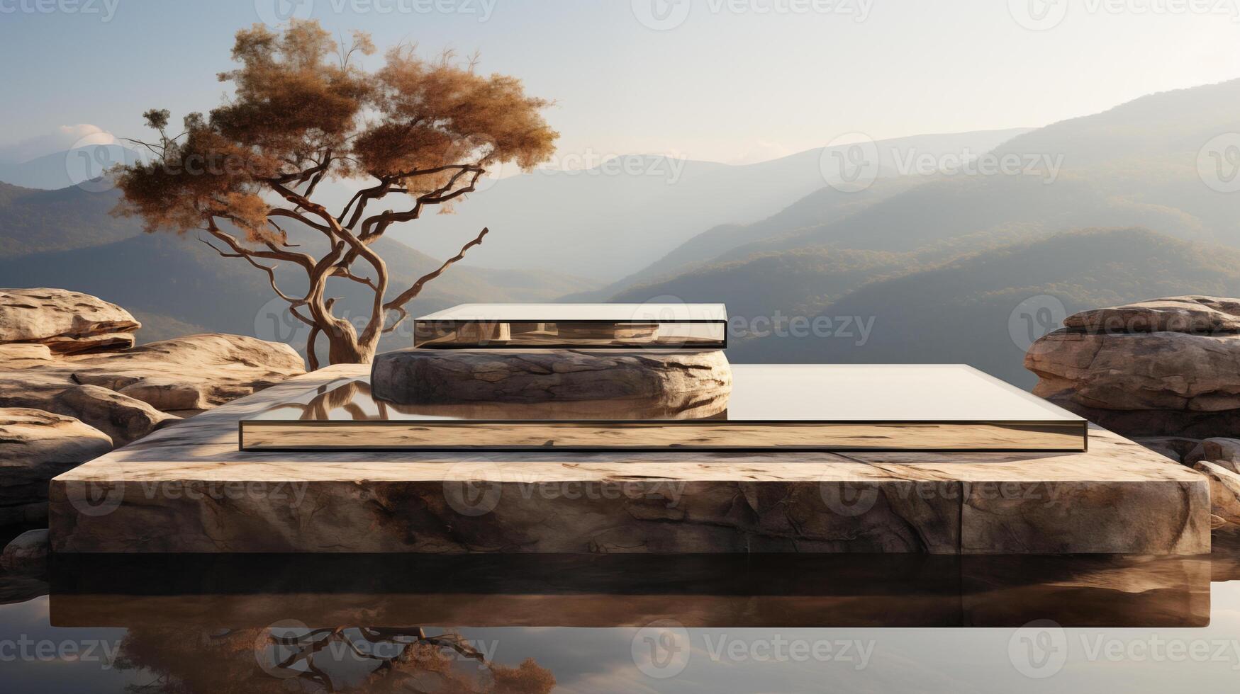 AI generated Tree cliff edge ai generated stage podium mockup photo