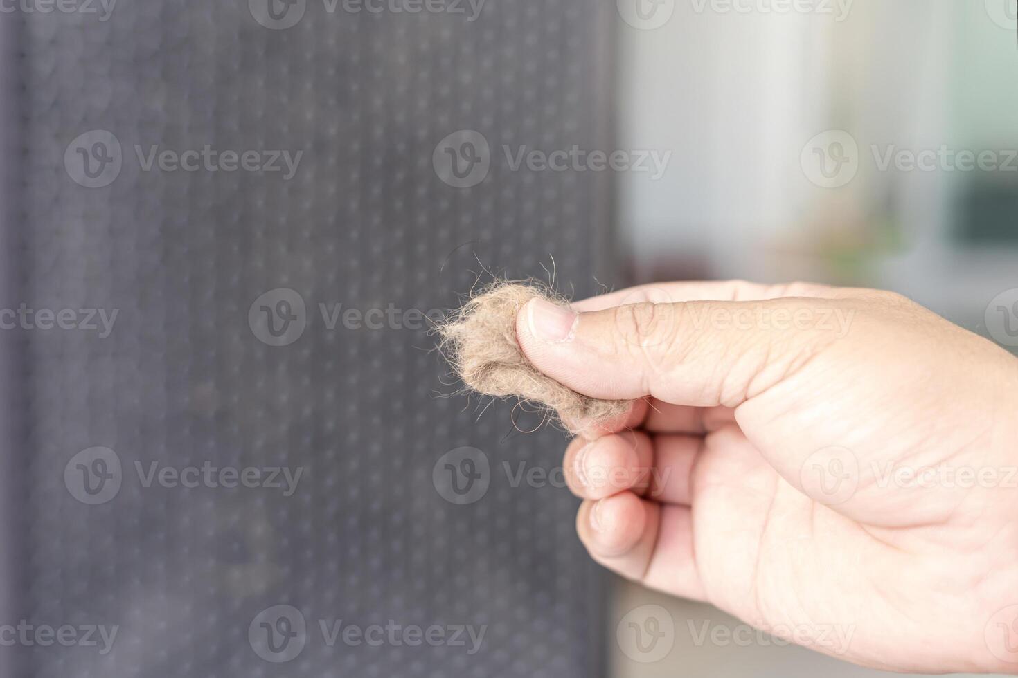 Close up hand a man and cat fur with dust in air purifier filter basic cleaning in home photo