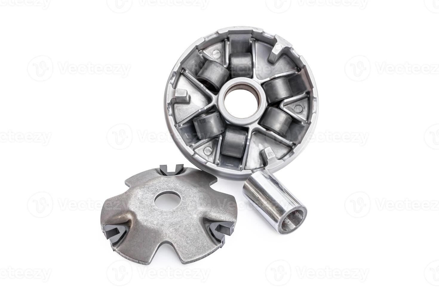 Drive pulleys copping part and Accessories of automatic motor cycle in white background and copy space photo