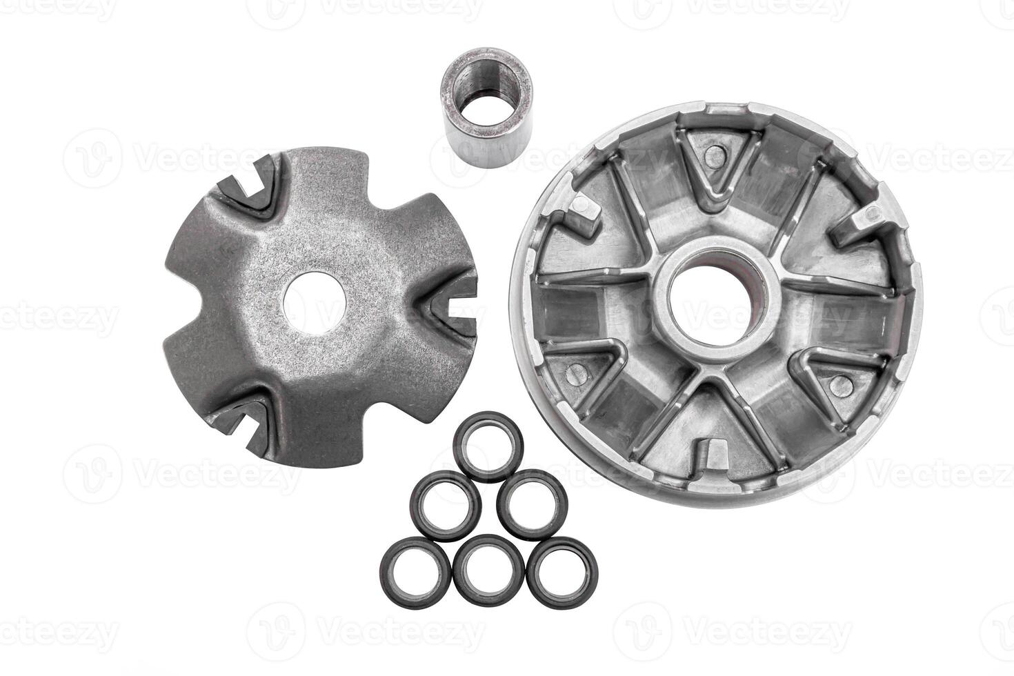 Drive pulleys automatic power and part of motor cycle in white background and copy space photo