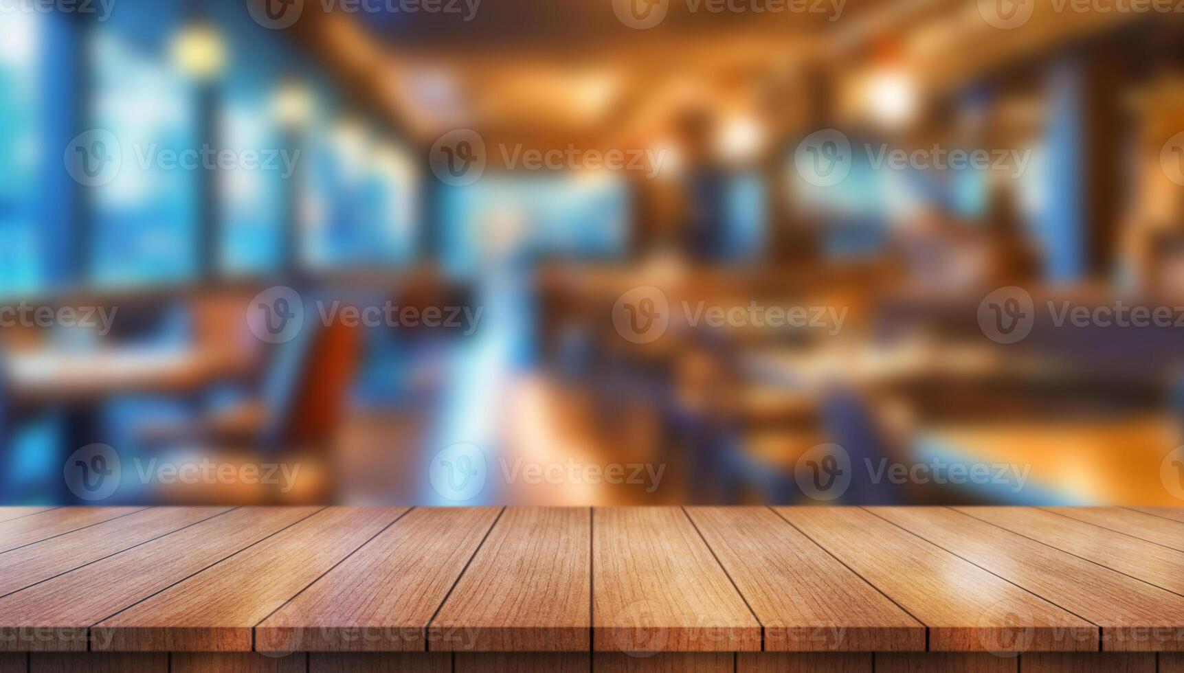 Empty wooden table top with lights bokeh on blur restaurant background photo