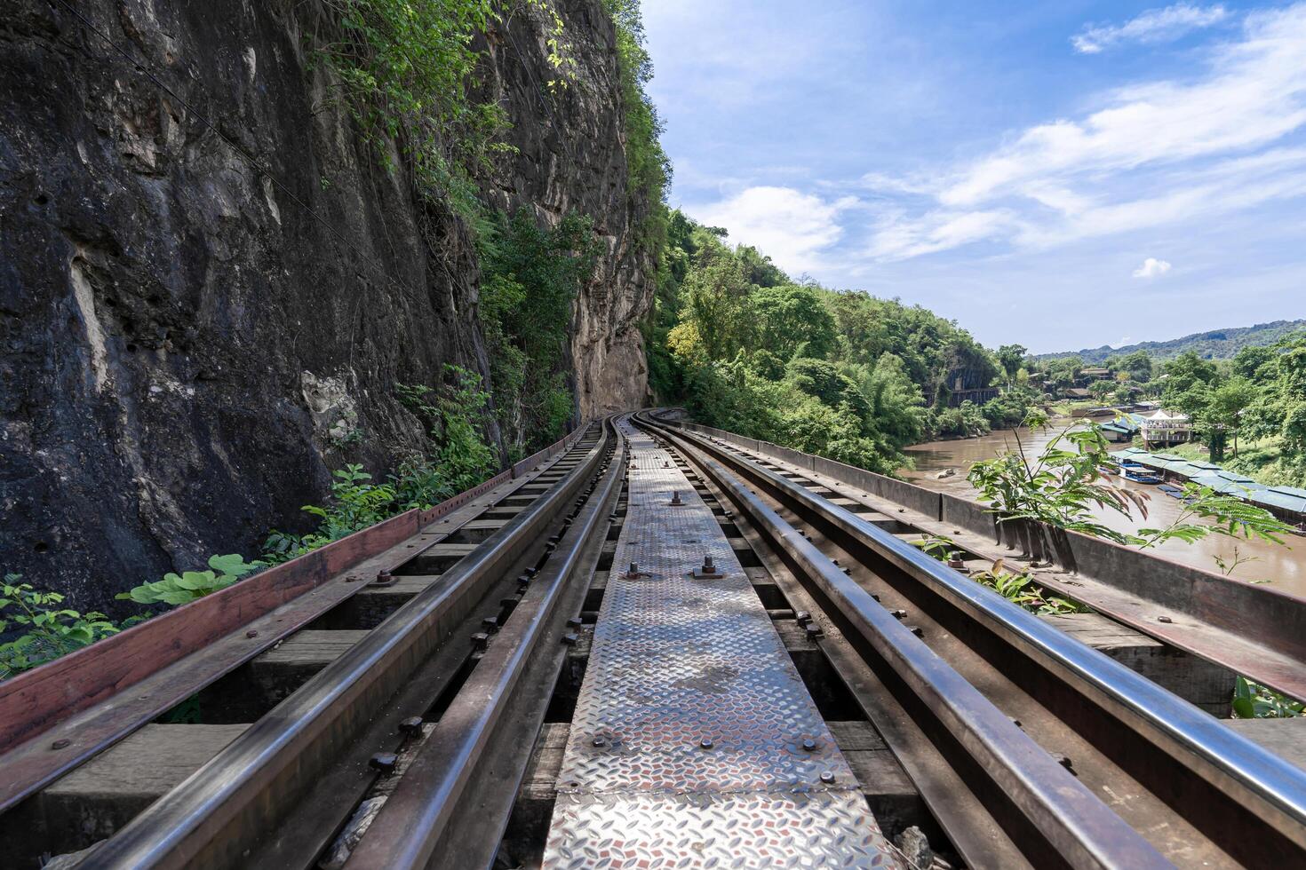 The railway at the foot of the mountain, next to the river and blue sky Tham Krasae, Kanchanaburi Province landmark of Thailand location photo