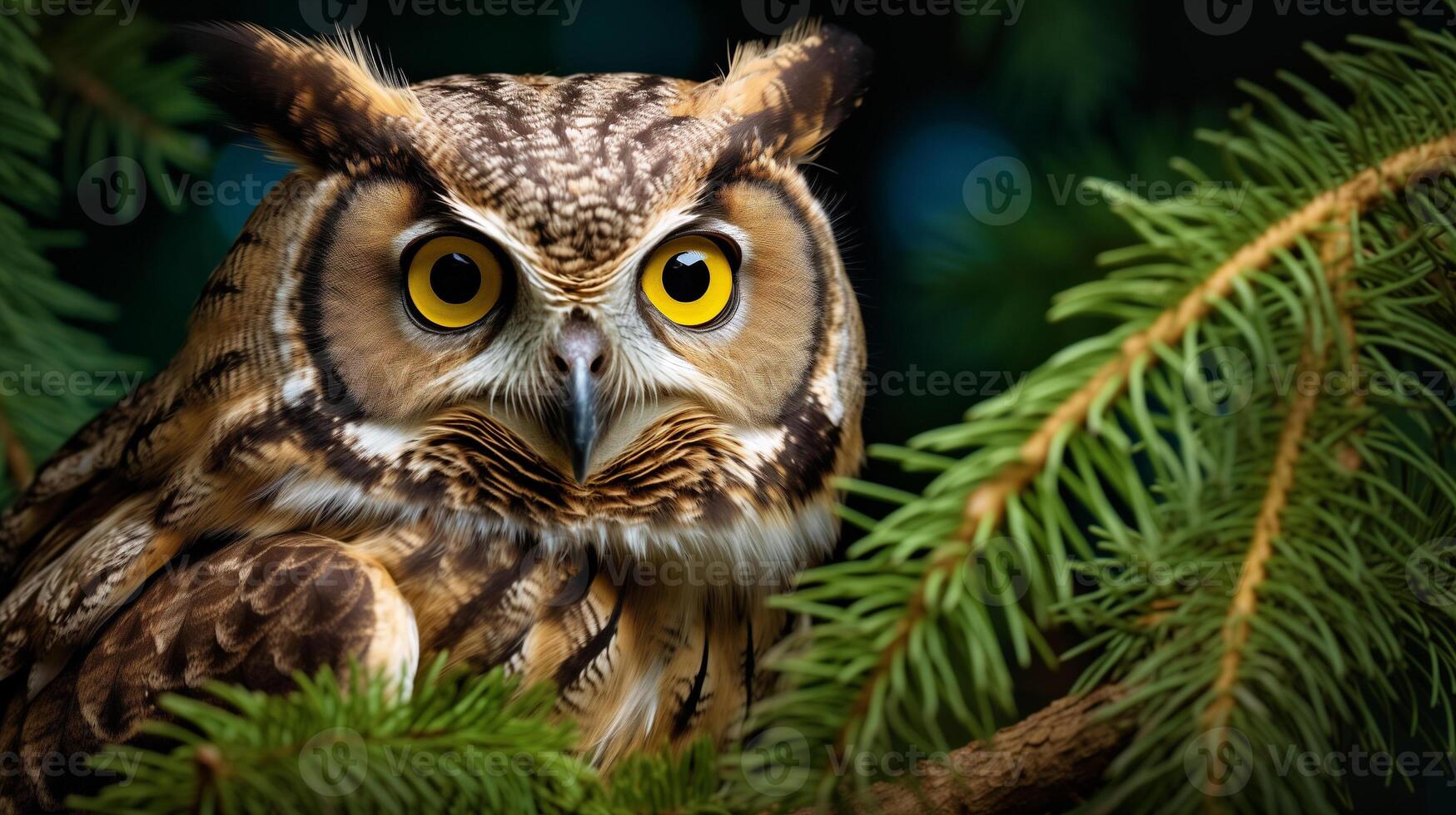 AI generated A close up of a owl sitting on a tree branch with yellow eyes and a black background with a green branch. photo