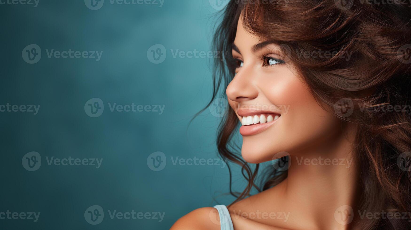 AI generated Radiant Young Woman with Curly Hair and Bright Smile photo