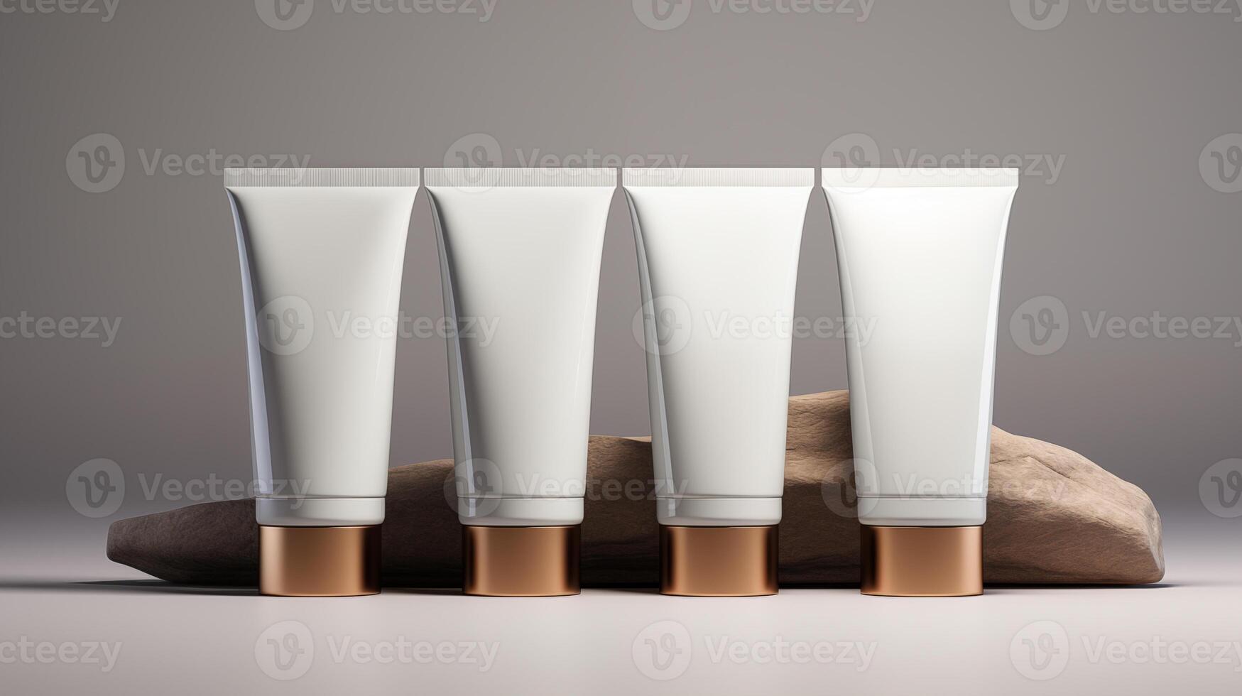 AI generated Minimalistic cosmetic tubes next to natural stone in neutral tones photo