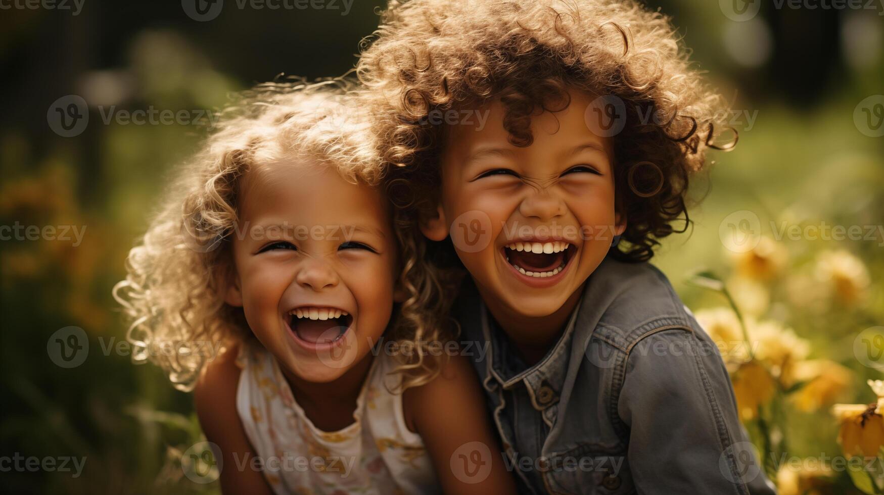 AI generated Children laughing in sunlight, curly hair, sheer joy, nature backdrop. photo
