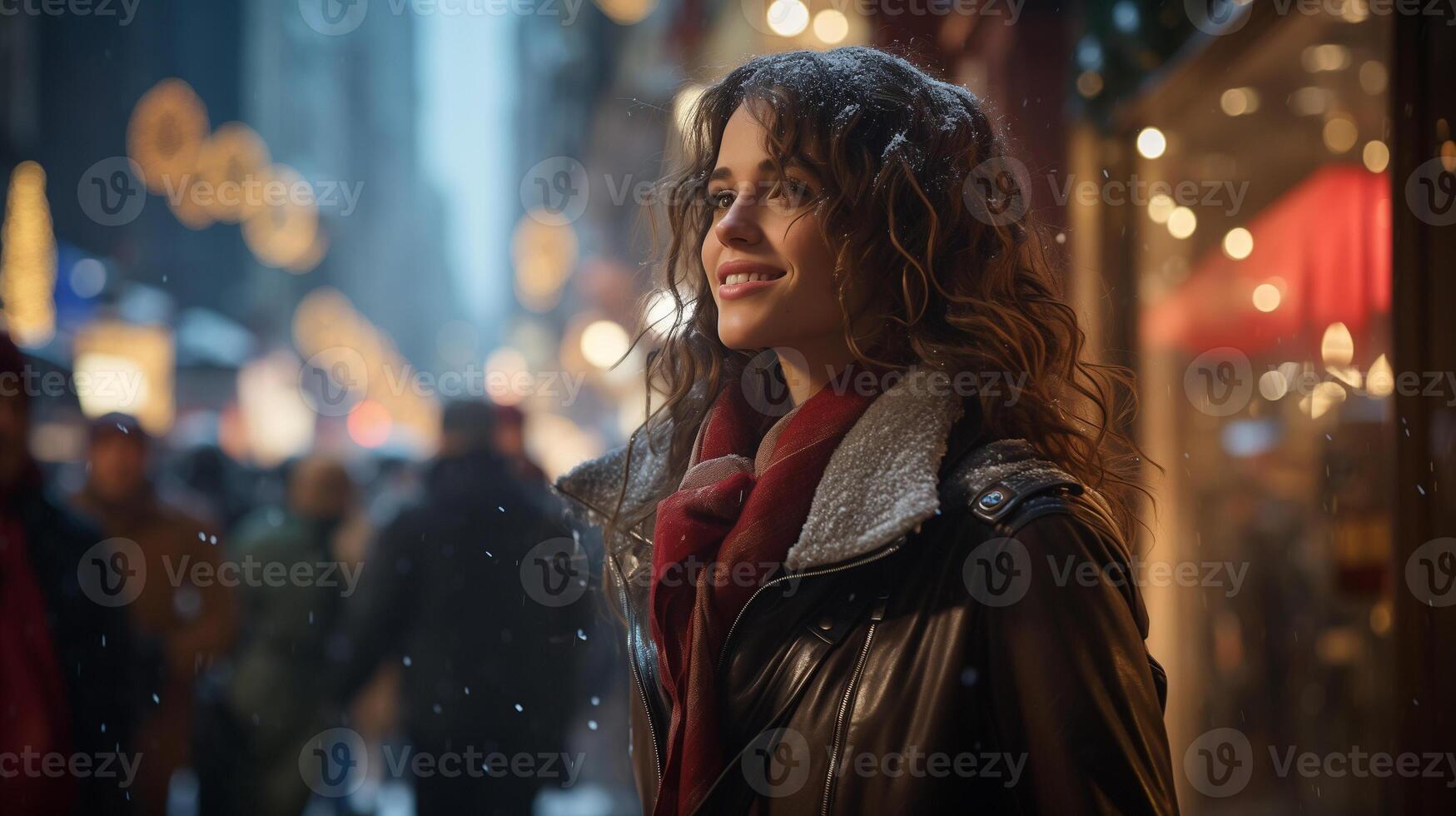 AI generated Beautiful young woman standing in busy city street during snowy evening. She is smiling at camera. Street is lined with shops and people are walking around. photo
