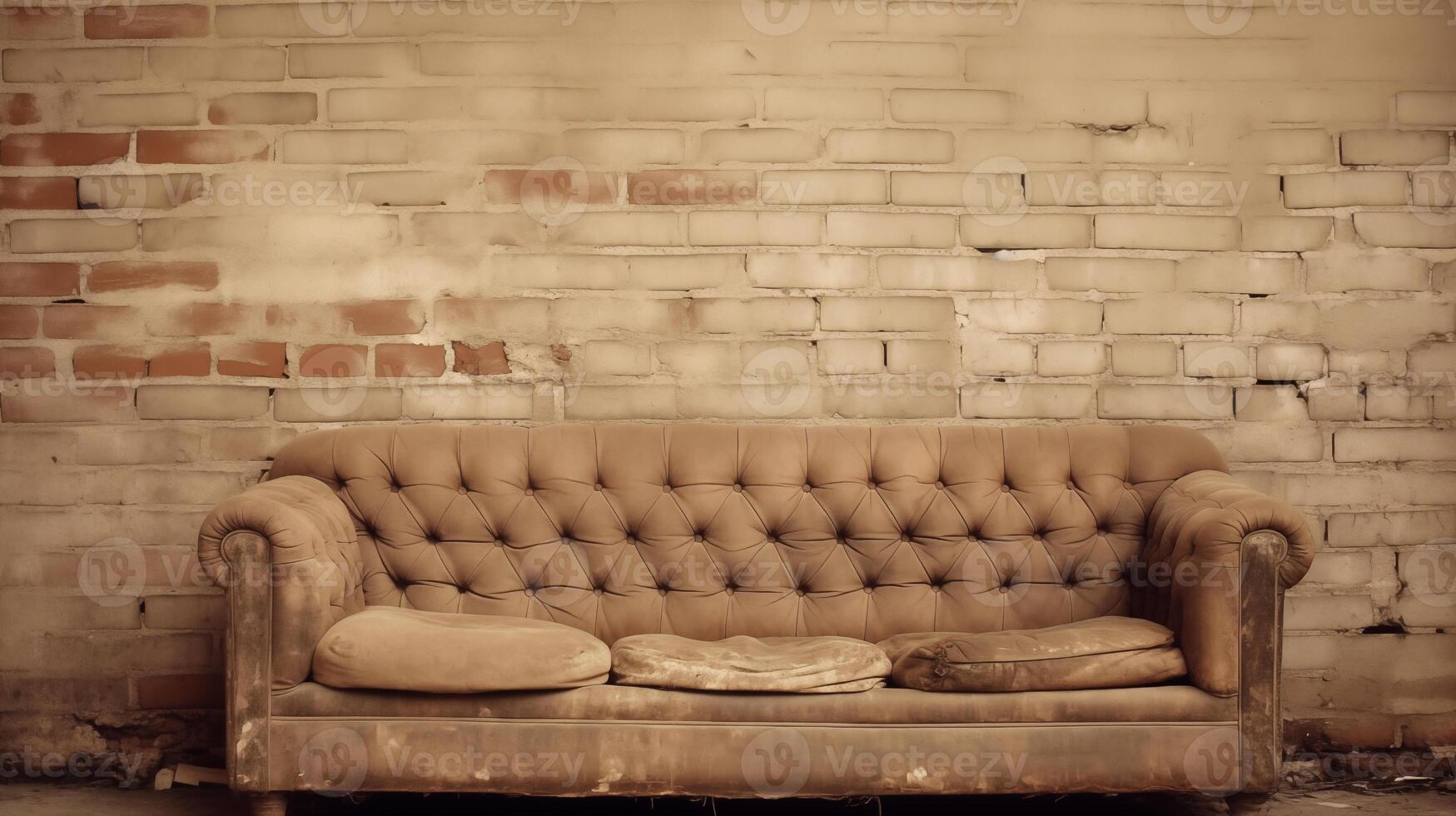 AI generated Vintage Leather Sofa Against Worn Brick Wall in Abandoned Space photo