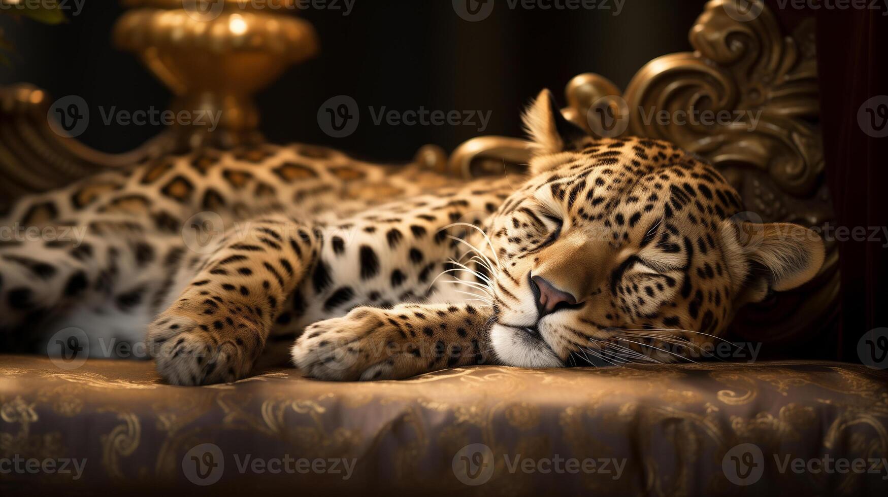 ai generado descansando leopardo en lujoso dorado sofá foto