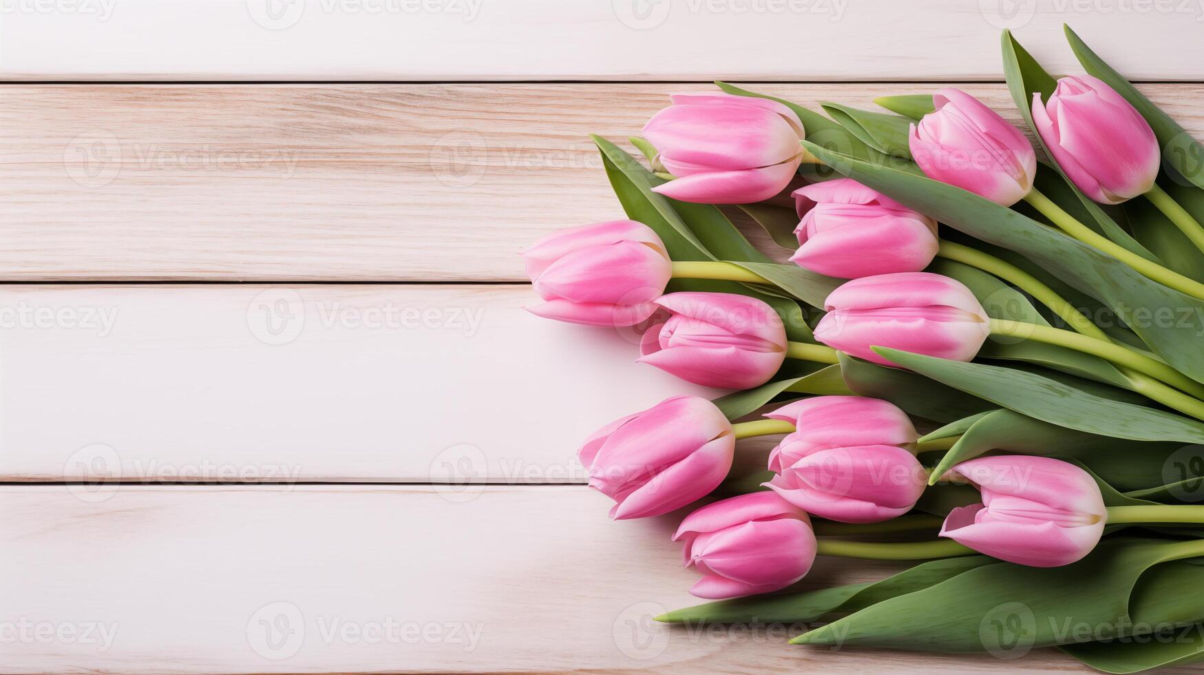 AI generated Pink Tulips Laid on Wooden Background photo