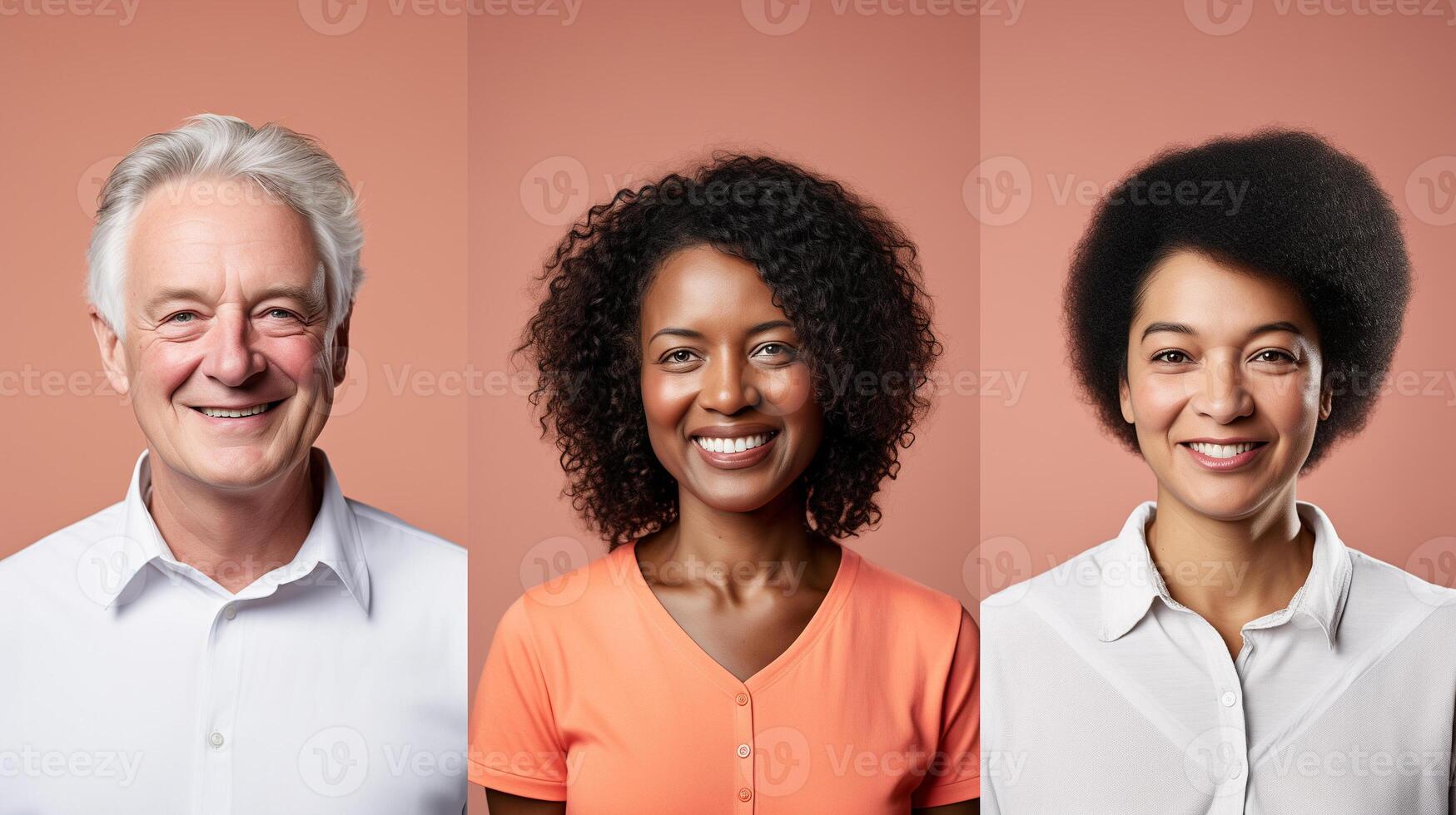 AI generated Collage featuring three diverse individuals with varied skin tones and hairstyles, all smiling confidently into camera. Set against neutral beige background. photo