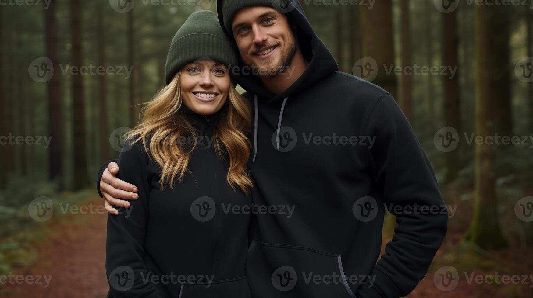 AI generated Affectionate Couple Embracing in Forest Wearing Casuals photo