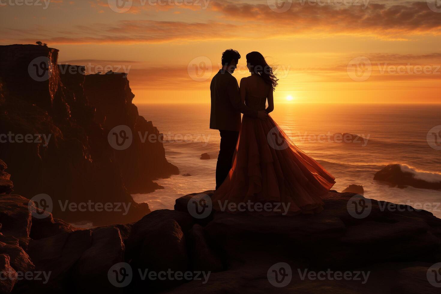 AI generated Silhouette of Couple Against Peach Sunset, Romantic Cliffside, Love and Connection photo
