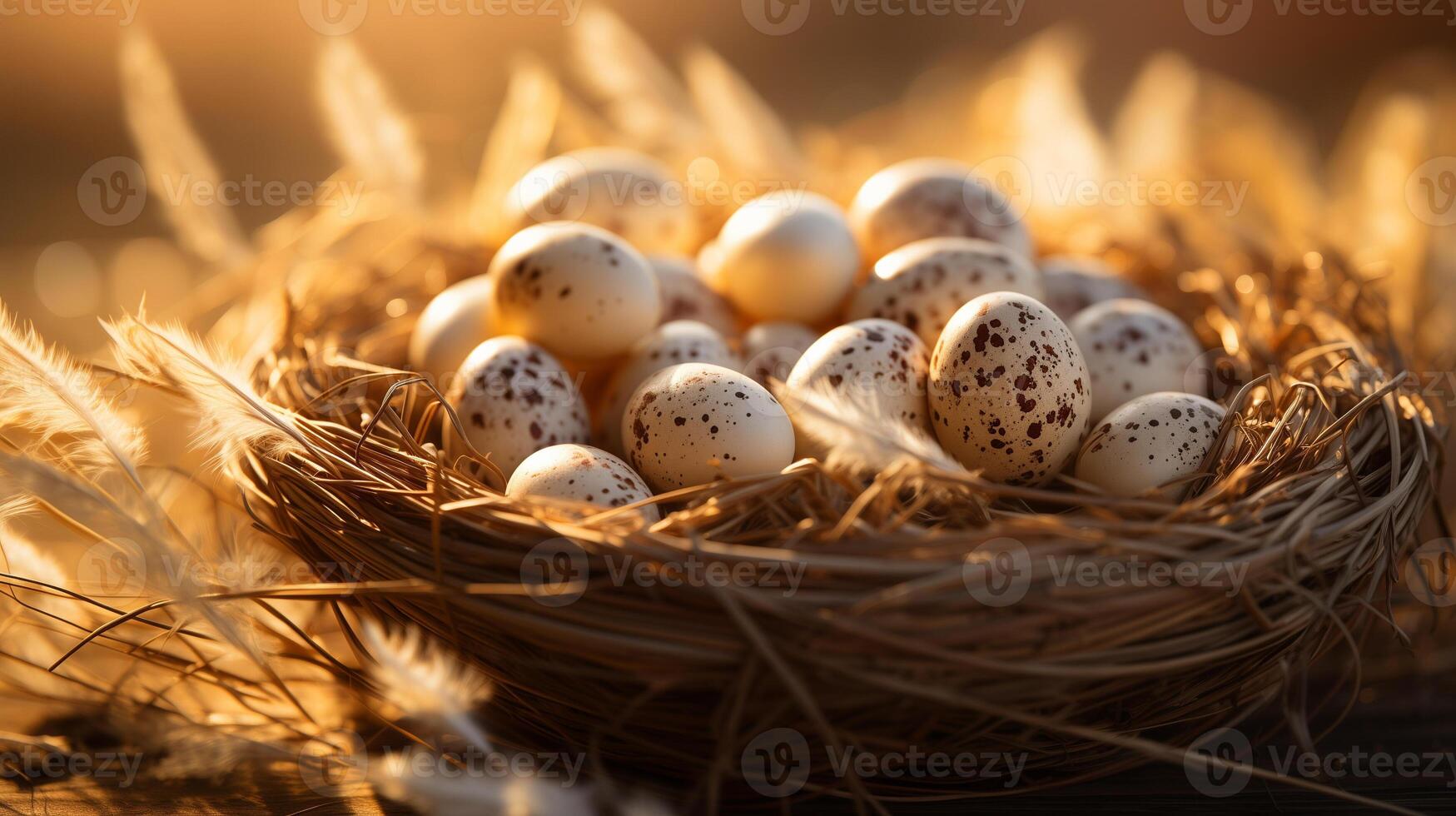 AI generated Warm Golden Hour Light Over Quail Eggs in Nest - Suitable for Rustic Themes photo