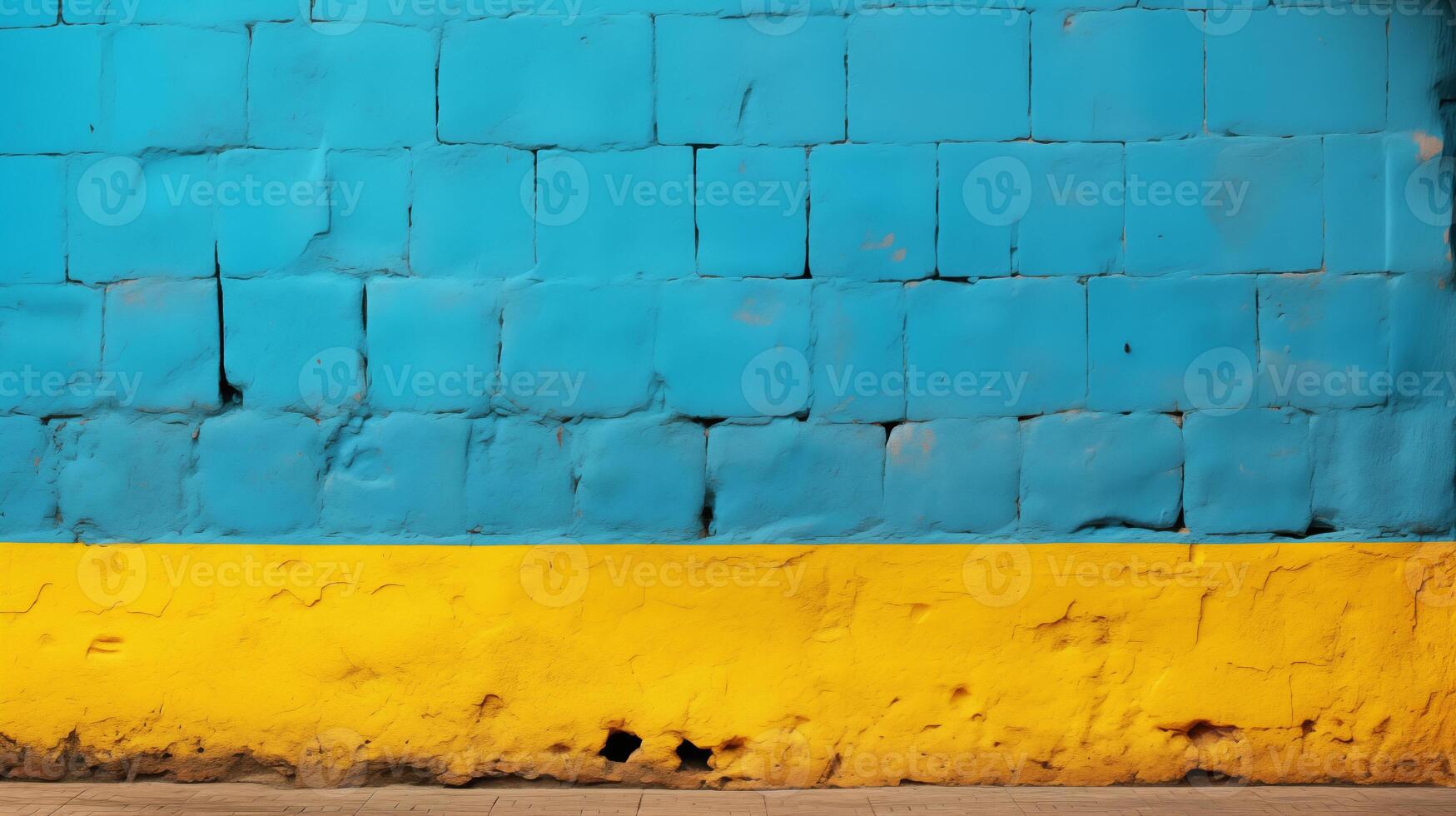 AI generated Aged Blue Wall with Yellow Baseboard, Perfect for Textured Background, Grunge, and Urban Decay Themes photo