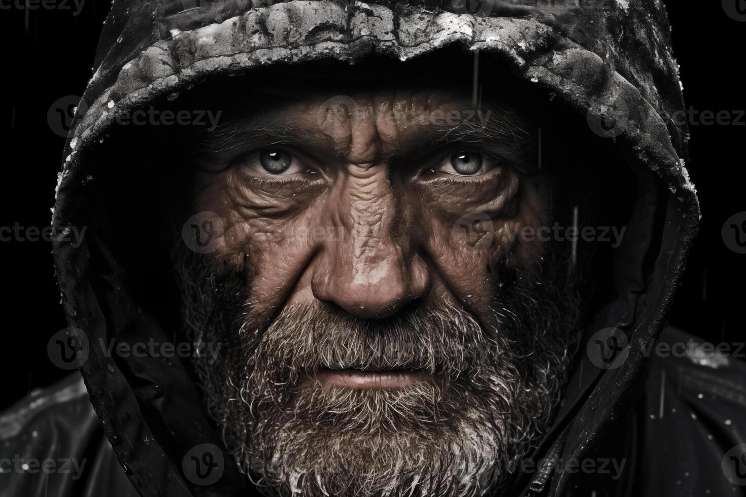 AI generated Portrait of a Weathered Older Man in a Hood, Dramatic Lighting, Intense Gaze photo