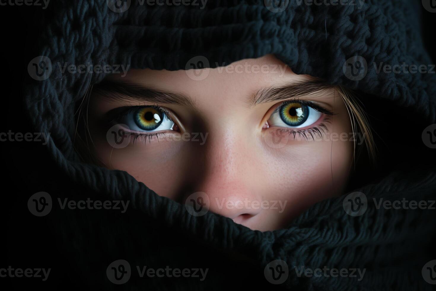 AI generated Mysterious Gaze of Young Girl, Ideal for Psychological Thrillers, Portrait Studies photo