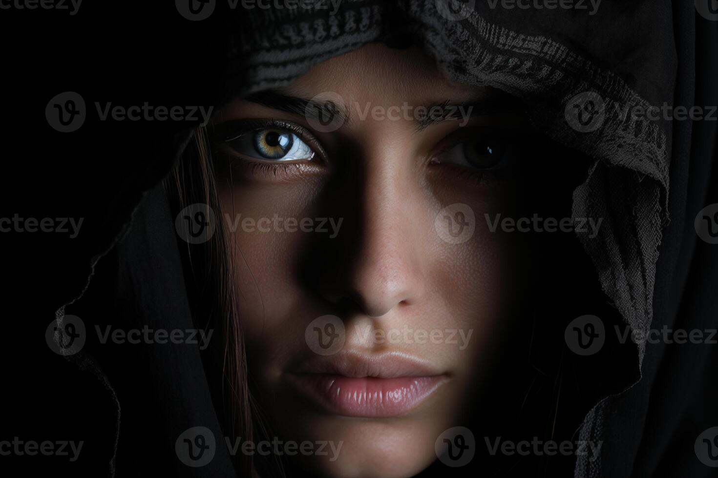 AI generated Mysterious Caucasian woman's gaze, hidden under a hood, ideal for dramatic book covers photo