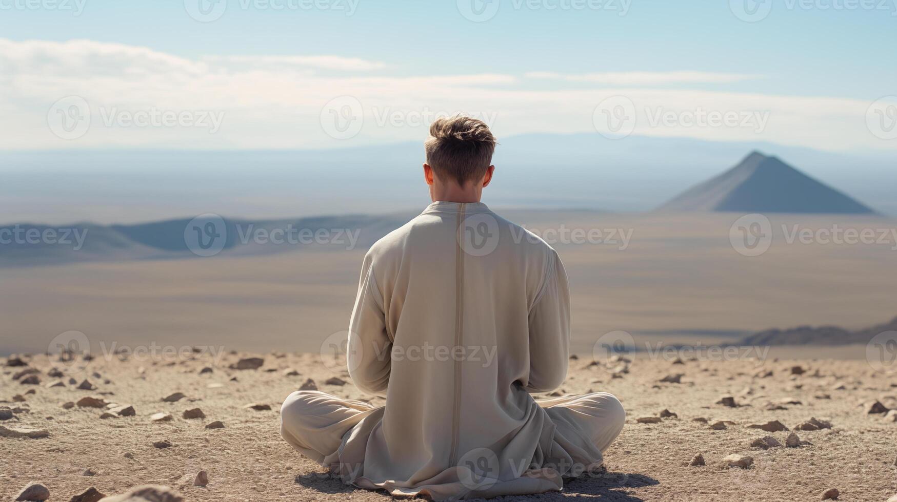 ai generado hombre meditando en desierto, genial para bienestar y atención plena conceptos foto