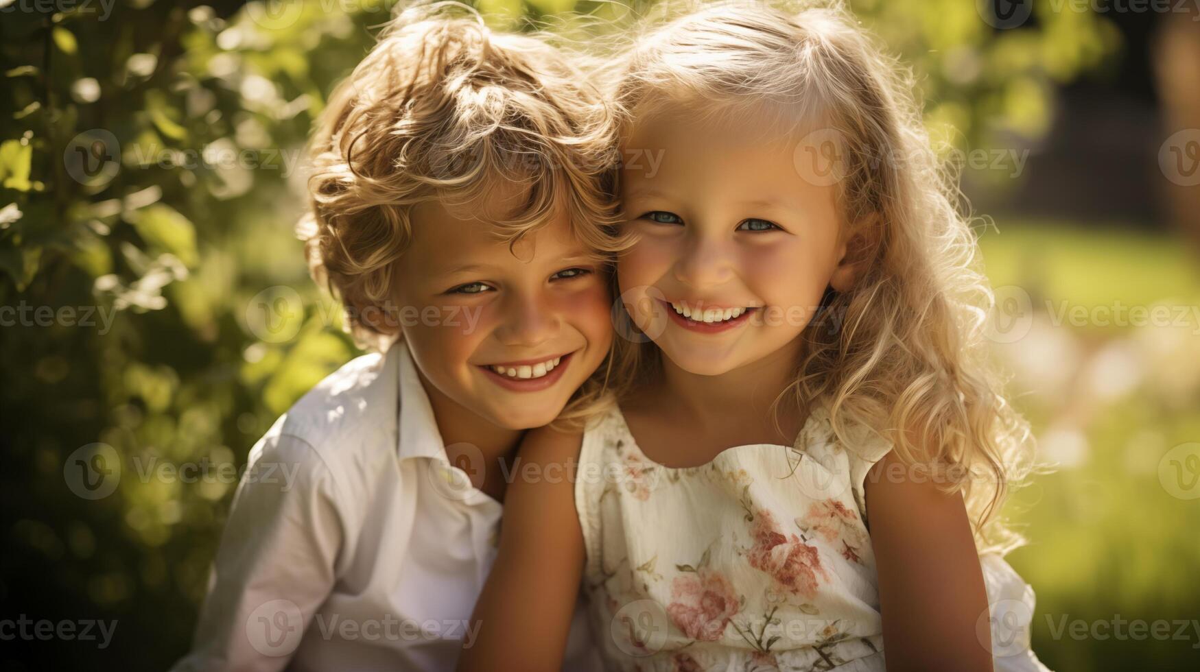 AI generated Joyful Siblings Embracing in Sunlit Garden, Childhood Innocence photo