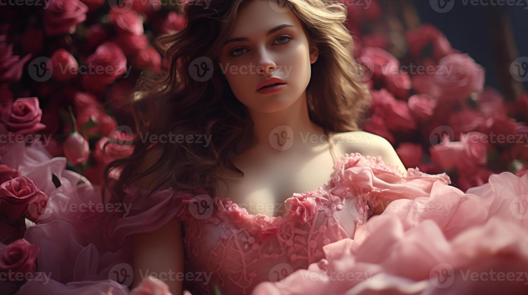 AI generated Dreamy Beauty Amongst a Sea of Pink Roses photo