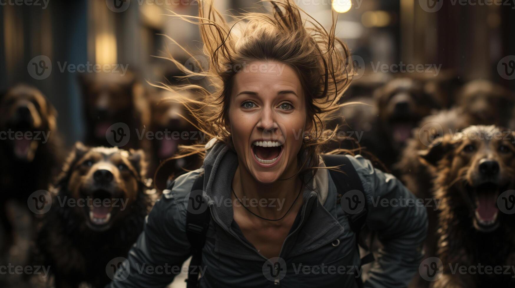 ai generado emocionado mujer corriendo con un paquete de alegre perros en ciudad calle foto