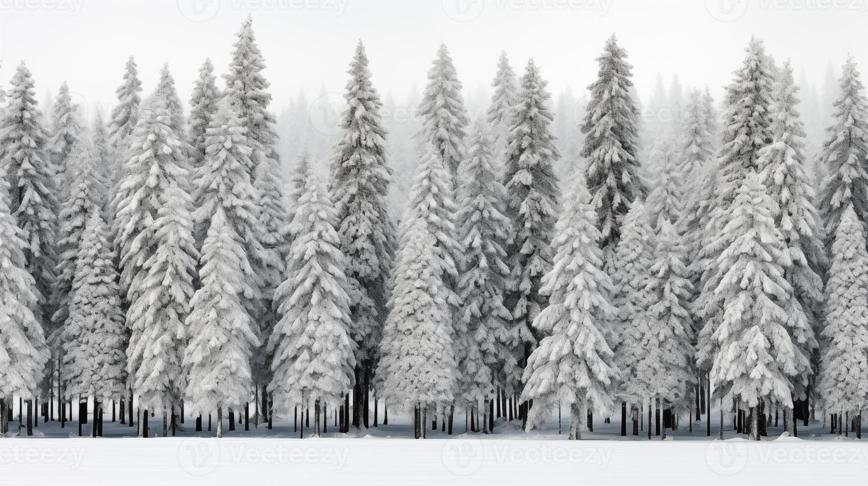 AI generated A group of trees covered in snow in a forest area with a white sky background. photo