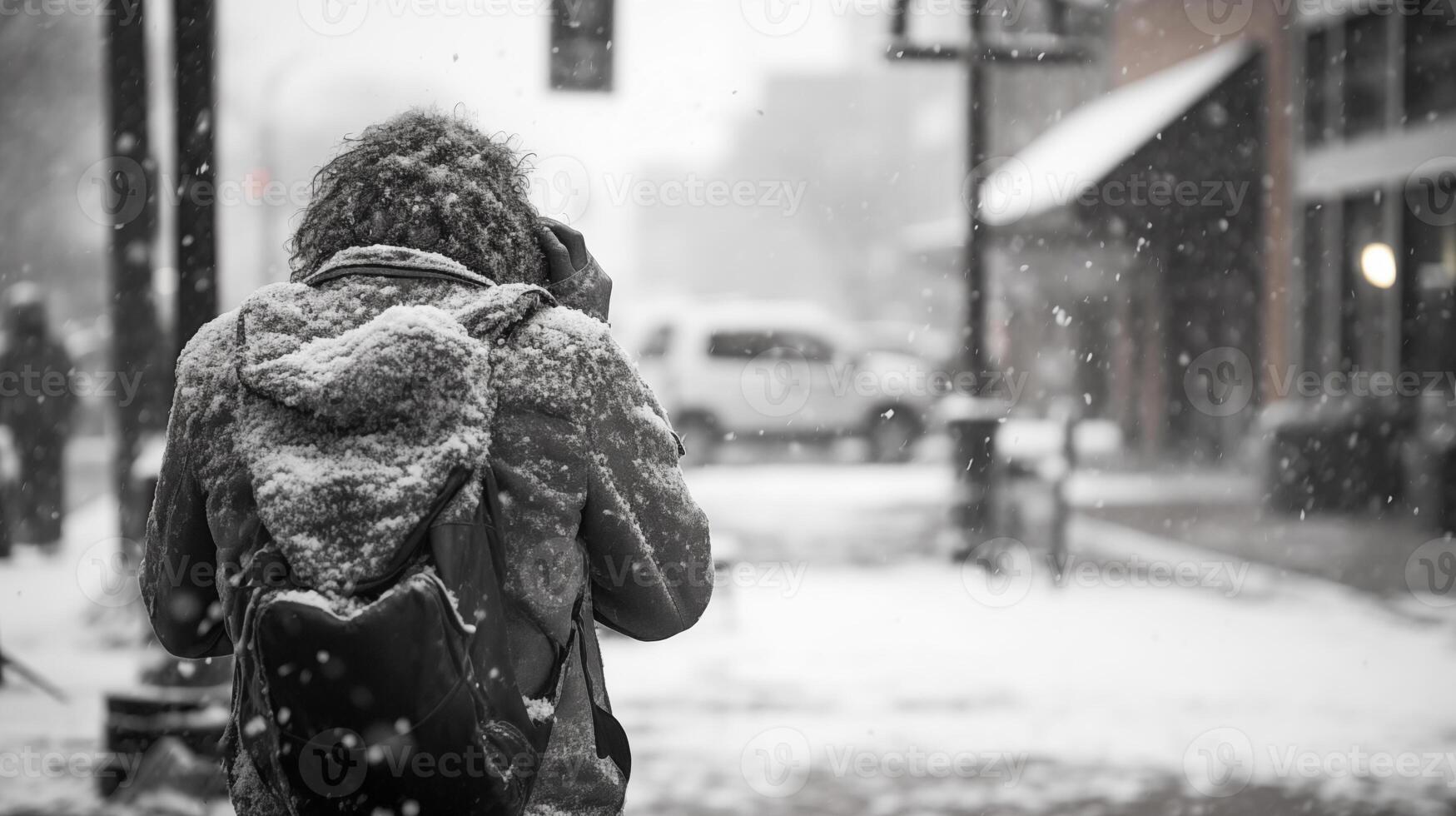 ai generado un persona caminando abajo un calle en el nieve con un mochila en su atrás, hablando en el teléfono. foto