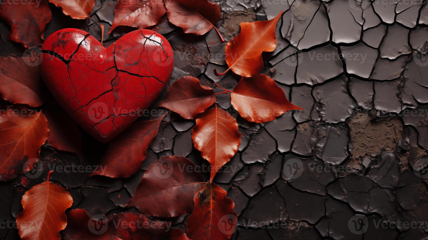 AI generated Cracked Red Heart Amidst Autumn Leaves photo