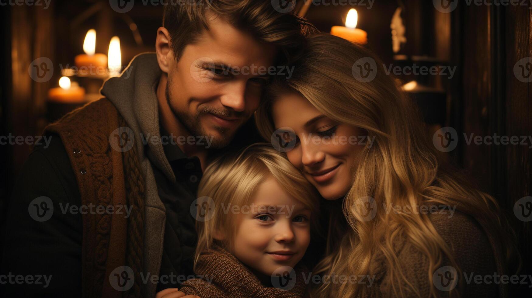 AI generated Family of three - man, woman, and young child - standing together in dimly lit room with candles surrounding them. They are all smiling and embracing each other, creating warm atmosphere. photo