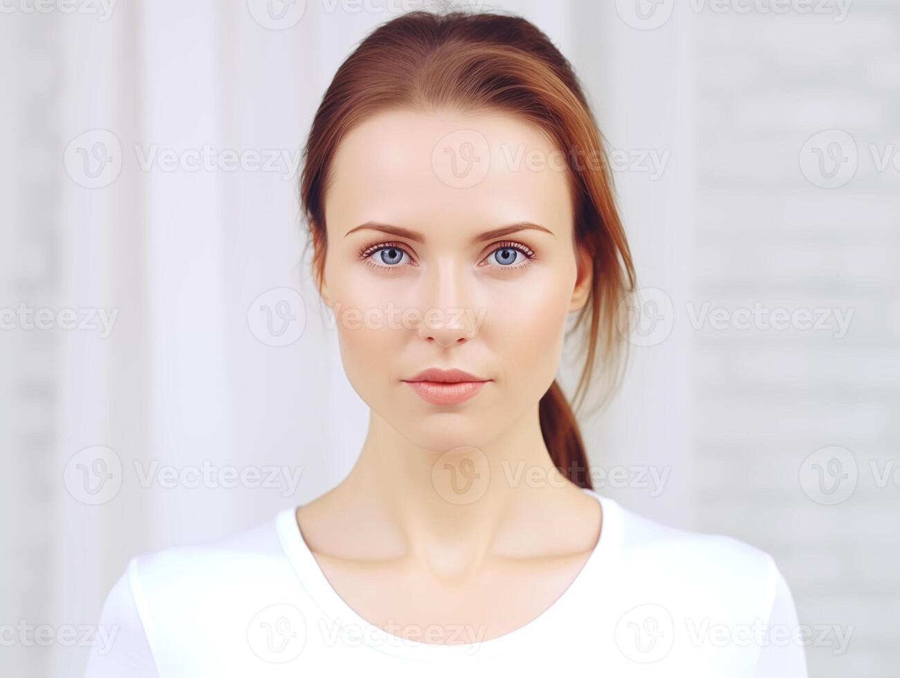 ai generado enfocado mujer con un cola de caballo miradas atentamente a el cámara, exudando determinación en un blanco camiseta. ideal para retratar confianza, autenticidad, y casual estilo. foto