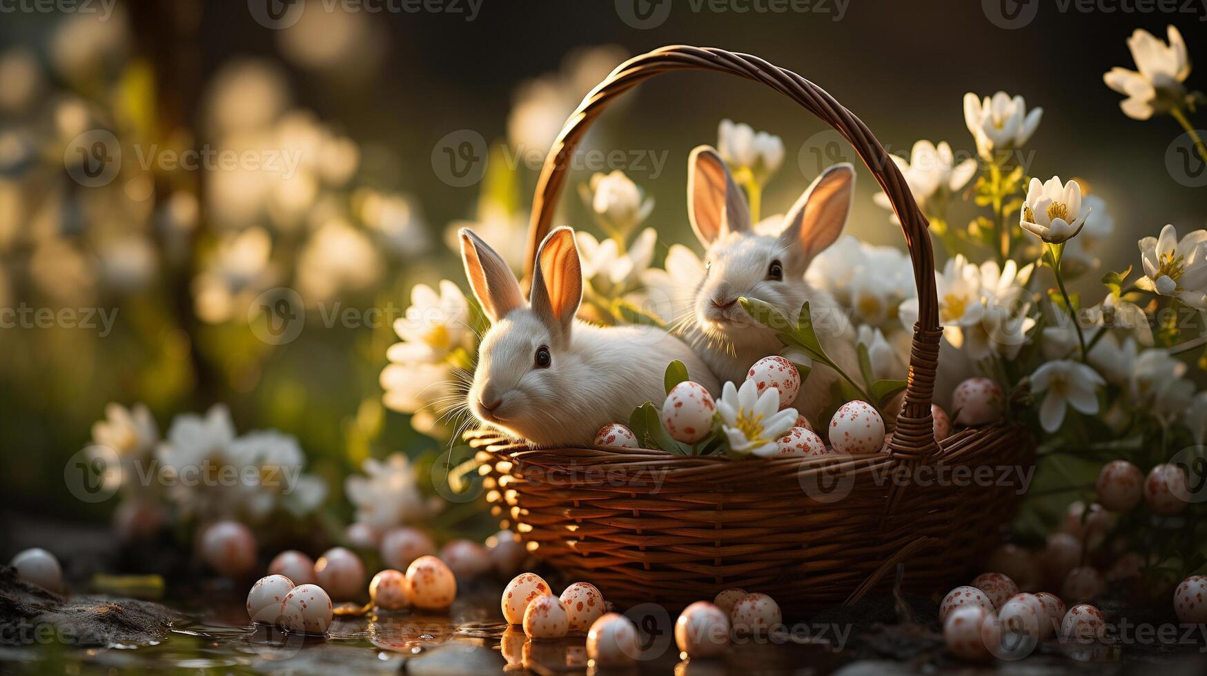 AI generated Easter bunnies in basket amidst spring blossoms, charming and peaceful. photo