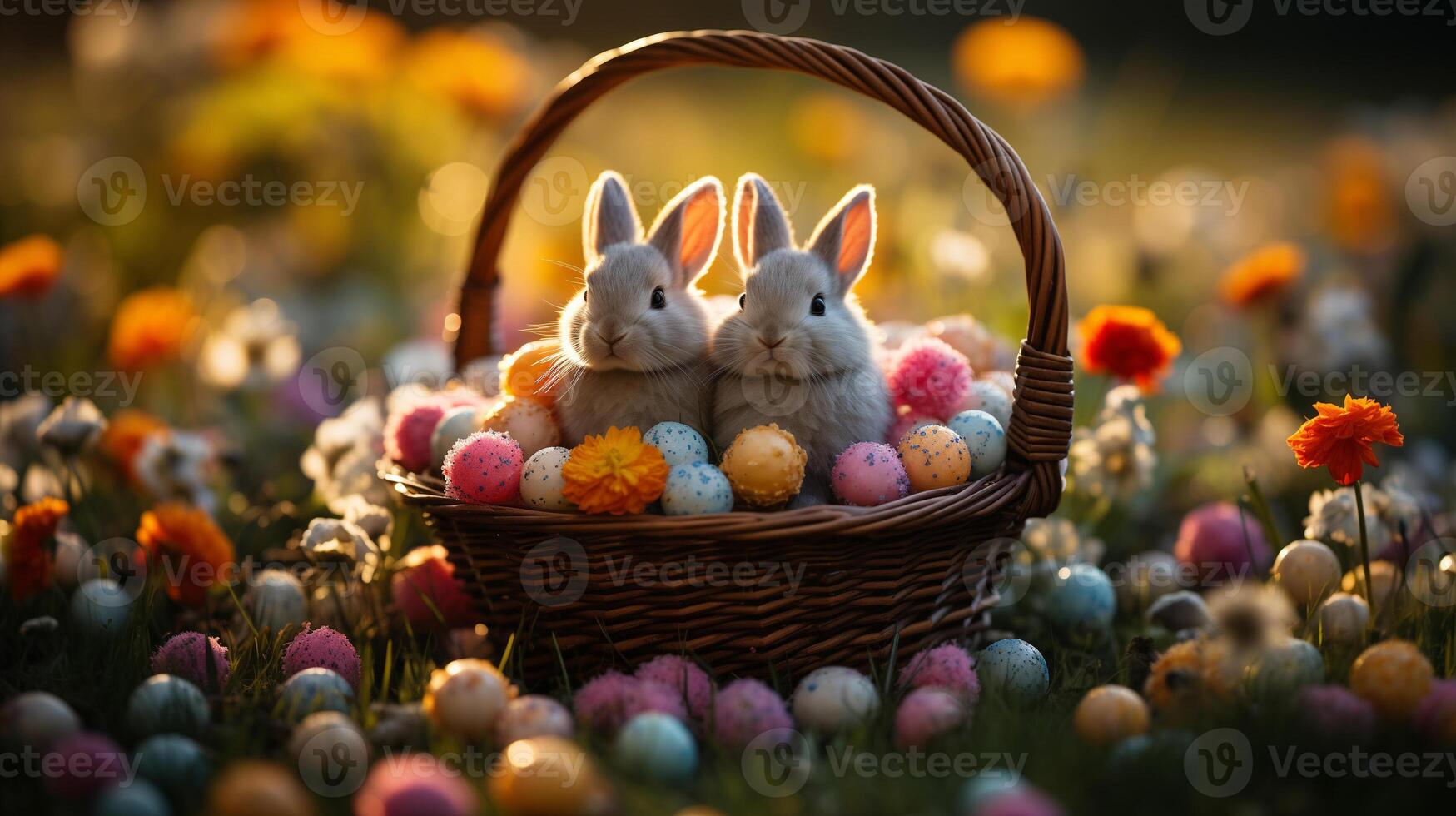 AI generated Easter Bunnies with Colorful Eggs in a Basket Outdoors photo