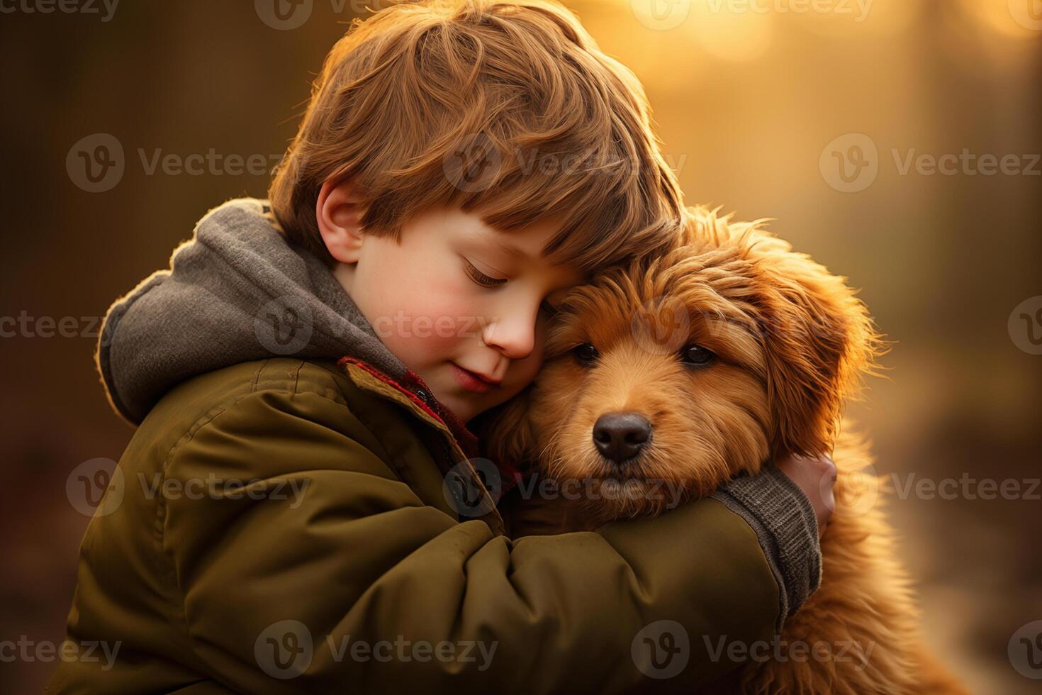 AI generated Young Boy Embracing Fluffy Dog in Warm Sunset Light photo