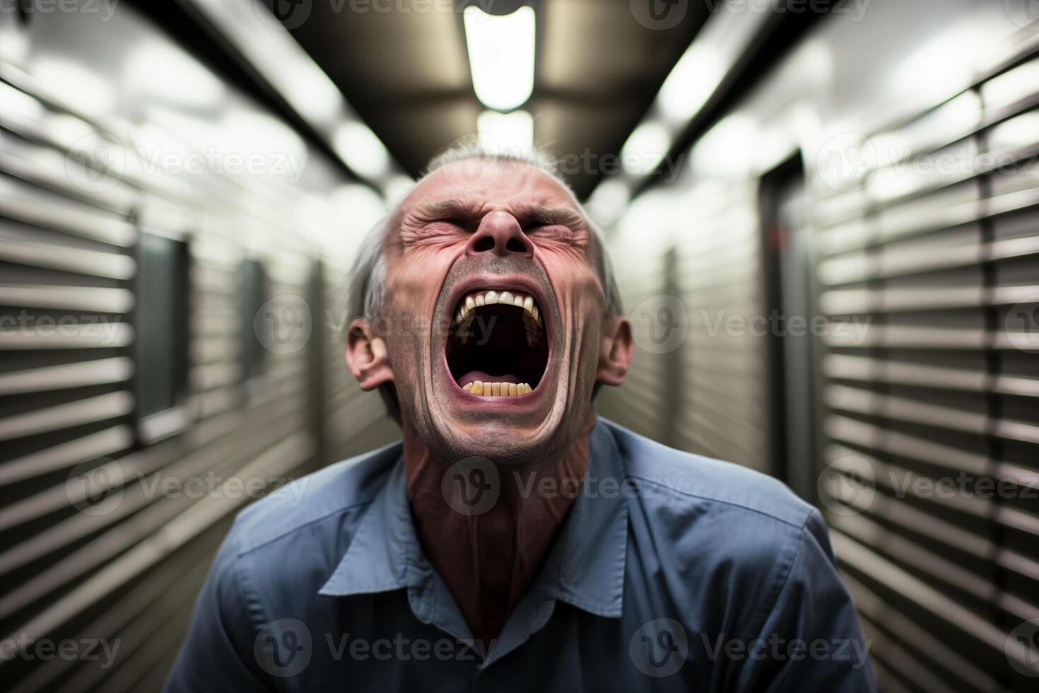 AI generated Man in subway shouts loudly between passing trains photo