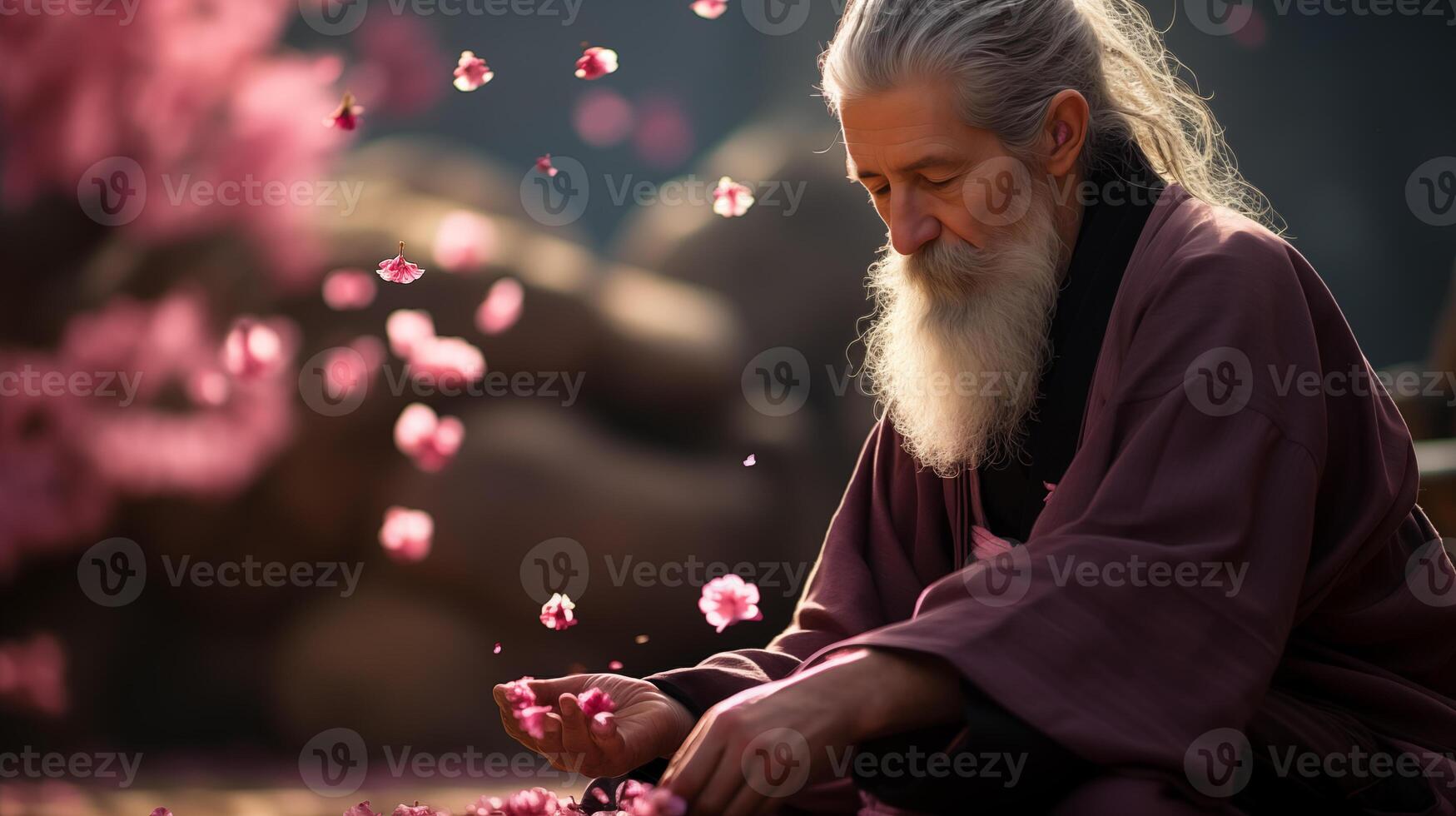 AI generated A man with a long white beard sits pink sakura background, falling petals around him from the tree. Monk remains still, eyes closed in tranquil meditation. photo