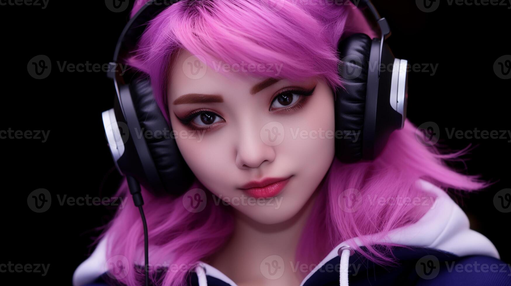 AI generated Captivating girl with pink hair and oversized headphones gazes confidently at camera. Perfect for music promotions, vibrant fashion visuals, and expressing individuality. photo