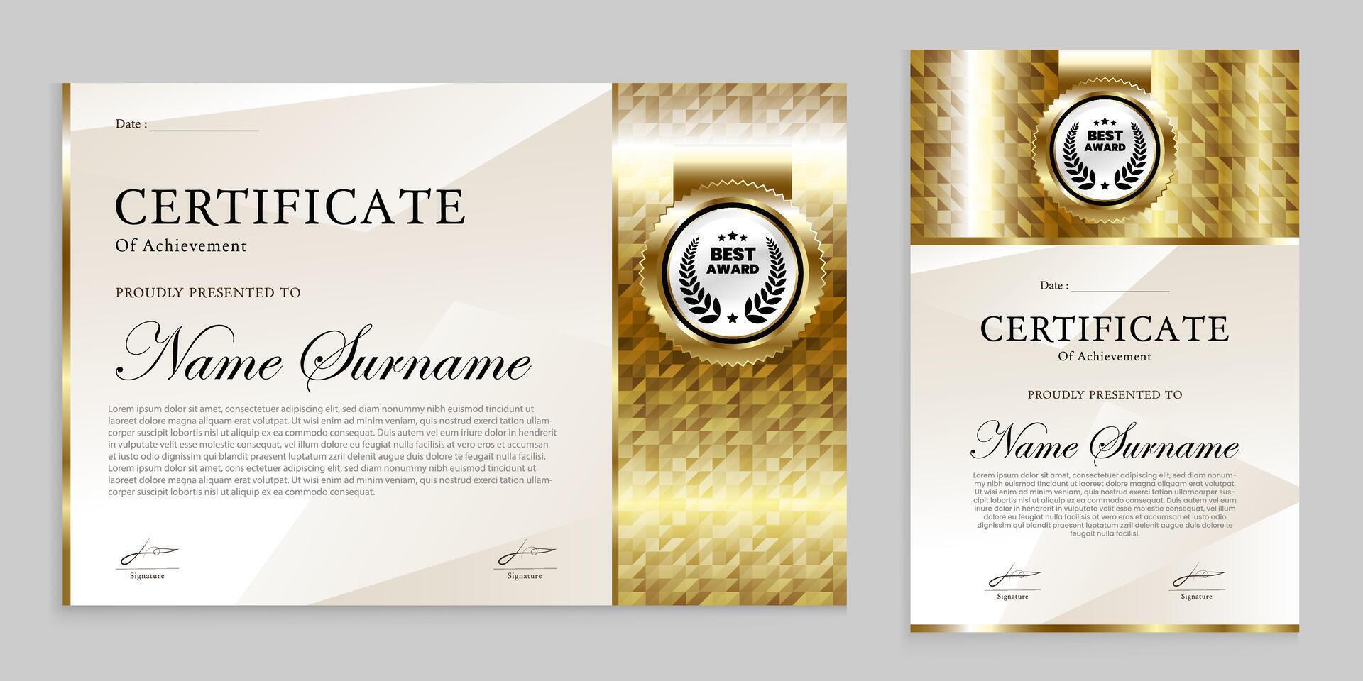 premio certificado diseño con lujo oro moderno tema. cartas, logros, placas son adecuado para varios eventos. vector