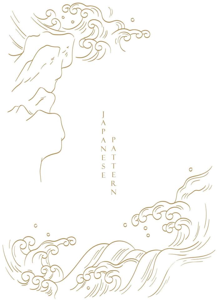 Japanese background with Chinese wave and rock element vector. Hand drawn line natural ocean sea pattern design in vintage style. Marine template. vector