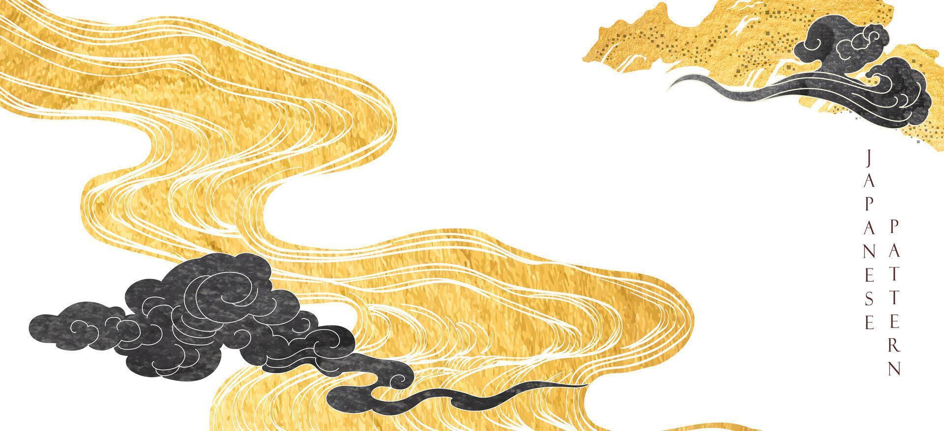 Japanese background with hand drawn wave black and gold texture vector. Hand drawn wave chinese cloud decorations in vintage style. Art abstract banner design. vector