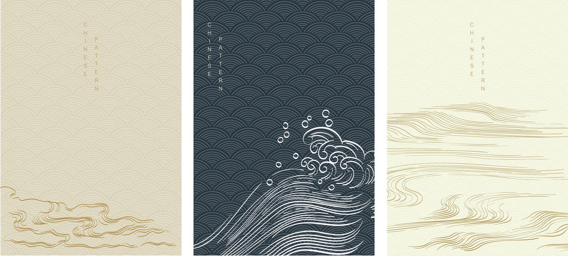 Abstract landscape with Japanese wave pattern vector. Nature art background with Chinese wave and cloud template in oriental style. Hand drawn line elements vector