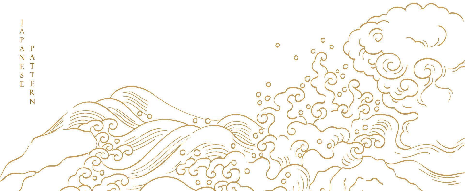 Japanese background with hand drawn wave elements vector. Gold line pattern with ocean sea object in vintage style vector