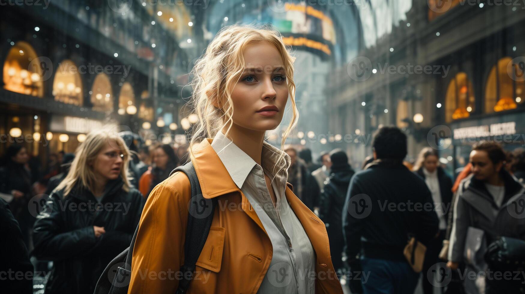 AI generated A woman standing on a crowded street, wearing a white shirt and brown jacket. She has a backpack on her back and is looking straight ahead. There are many people walking around her. photo