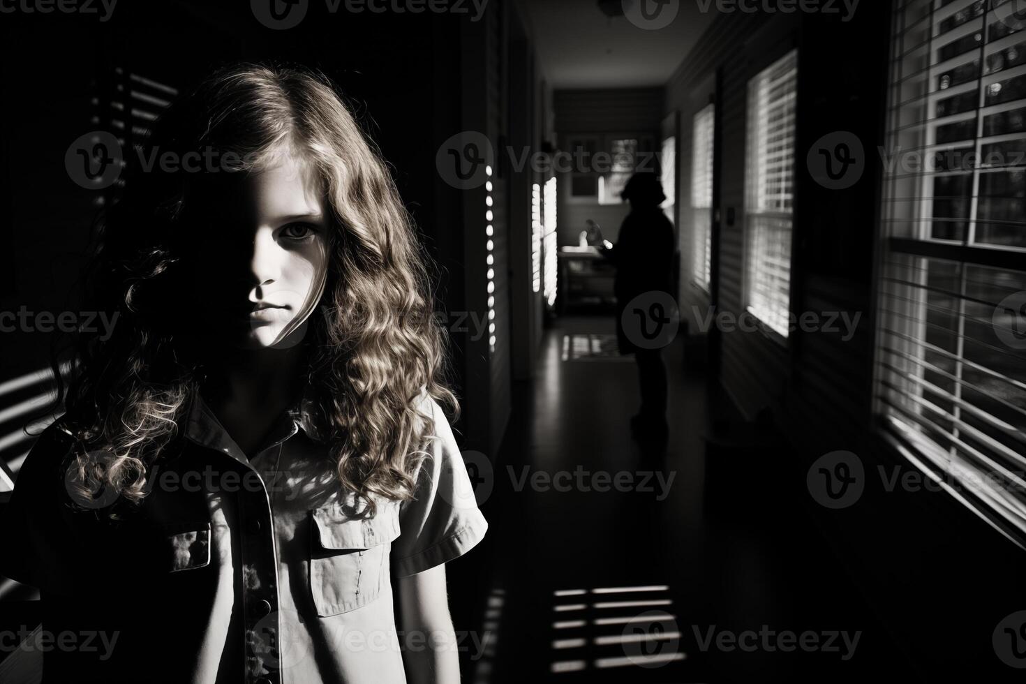 AI generated Chilling Presence Young Girl in Shadows with Mysterious Silhouette photo