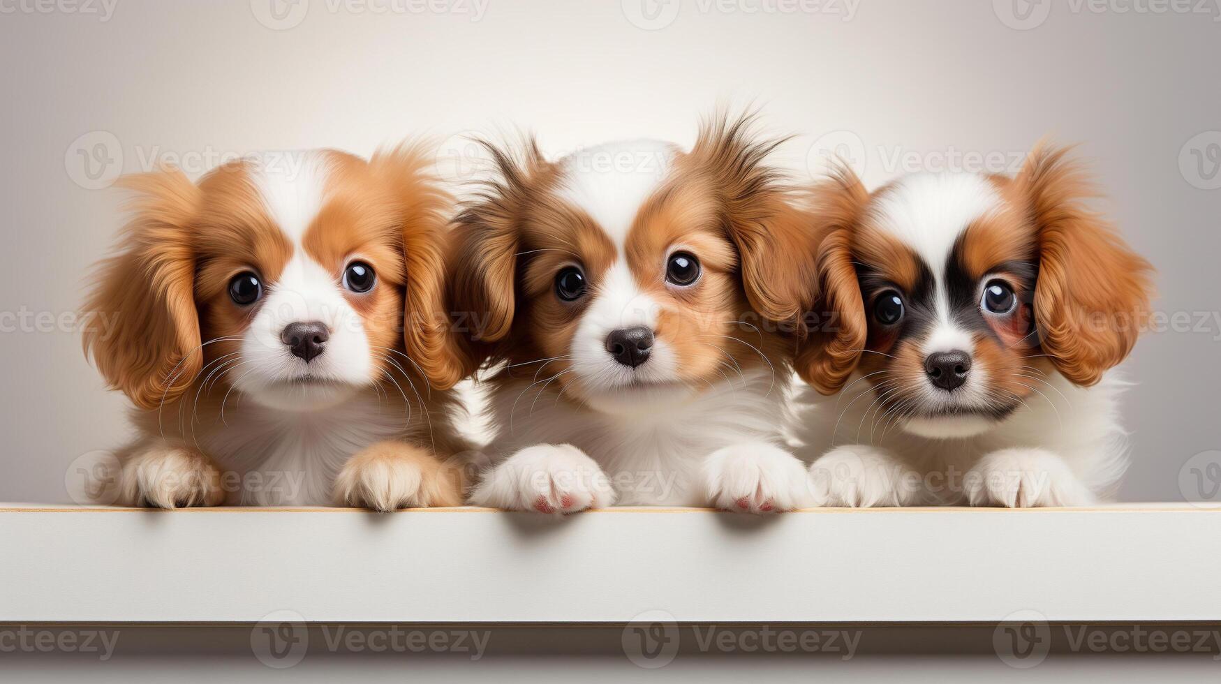 AI generated Three Cavalier King Charles Spaniel Puppies Looking Over Edge photo