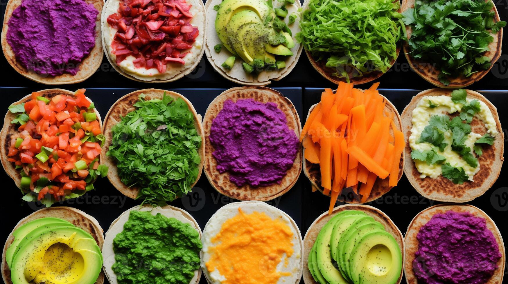 AI generated Vibrant Array of Vegetarian Toppings on Open Pitas photo