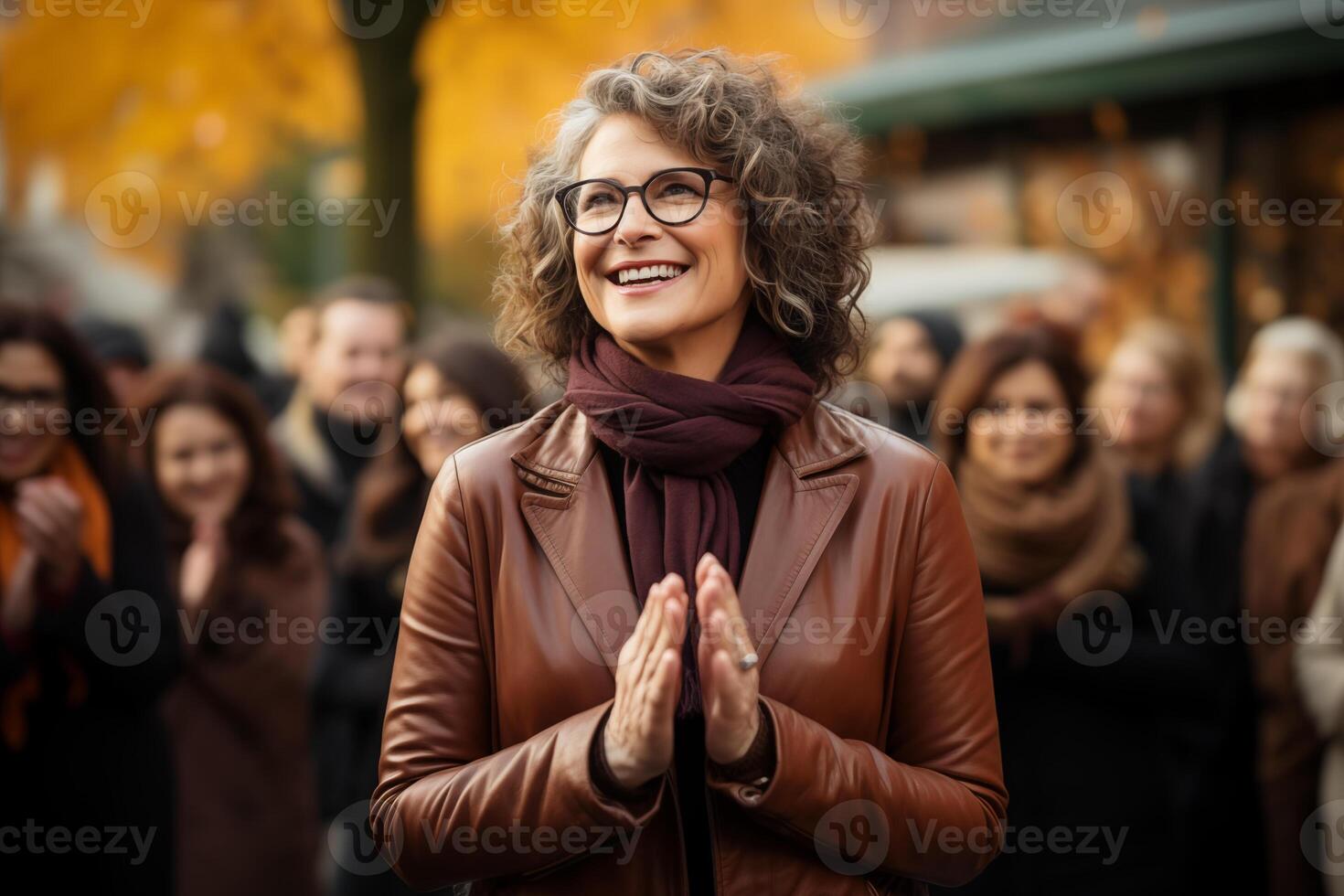 AI generated Smiling Woman Clapping Hands at Outdoor Autumnal Event photo