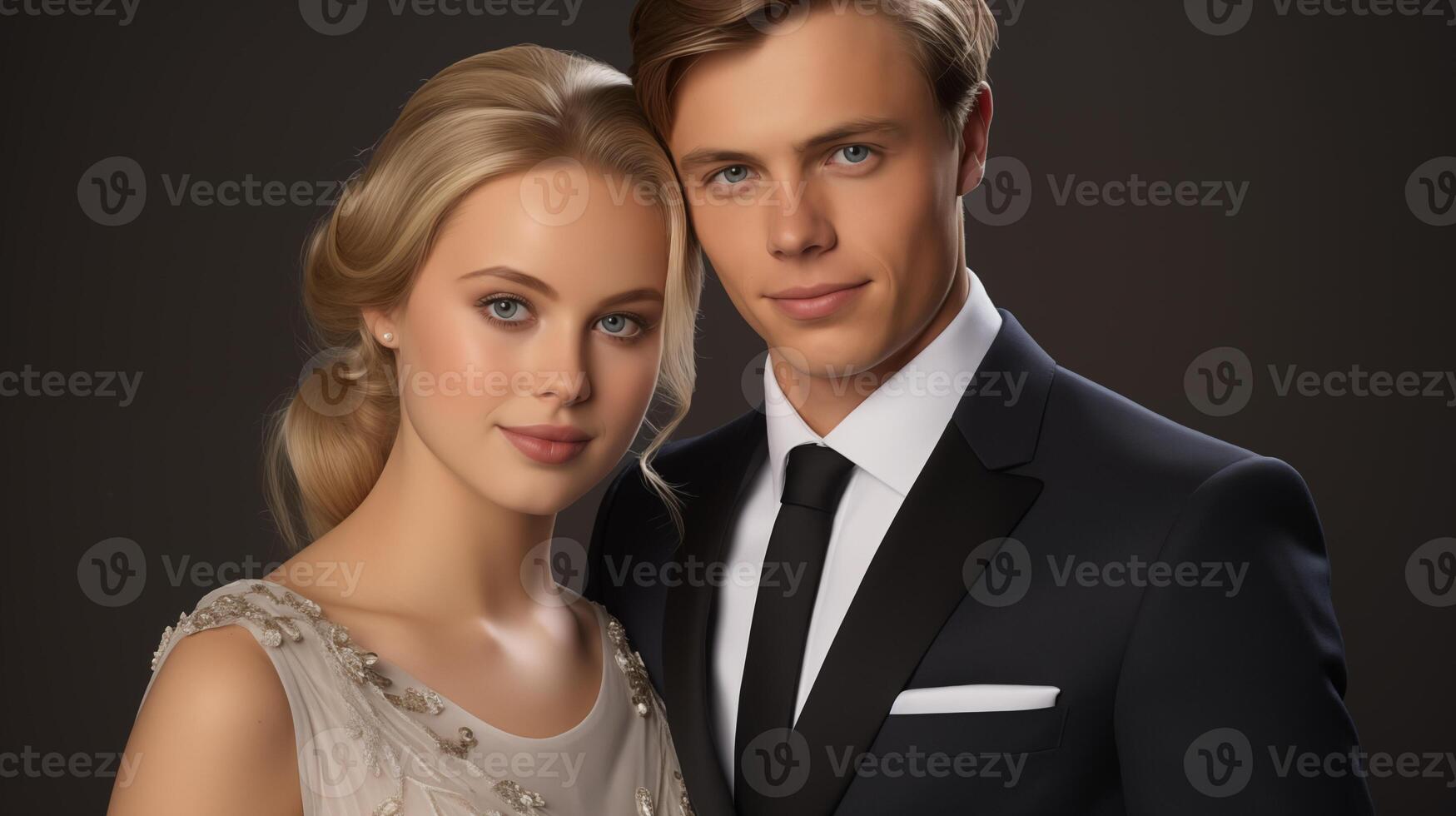 AI generated Elegant Young Couple in Formal Attire Posing Confidently photo