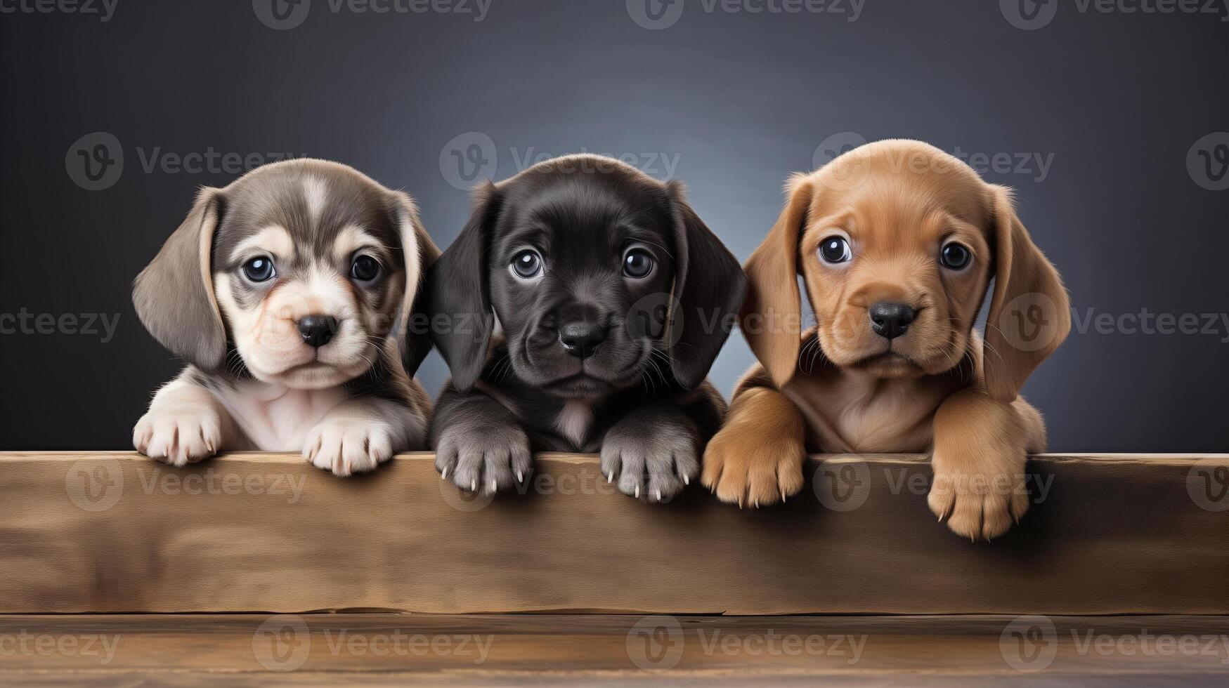 AI generated Trio of Adorable Puppies Peeking Over Wooden Barrier photo